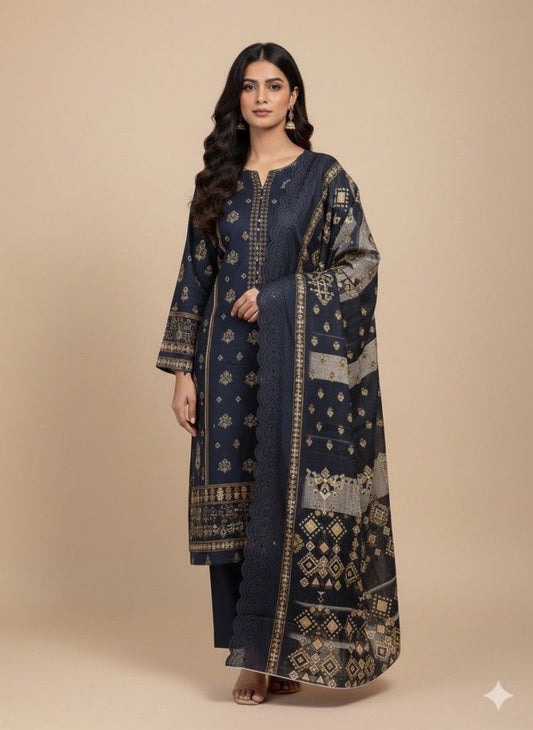 3 PC - Khaddar Embroidered with Cutwork Dupatta - Unstitched - Wareeb.Shop