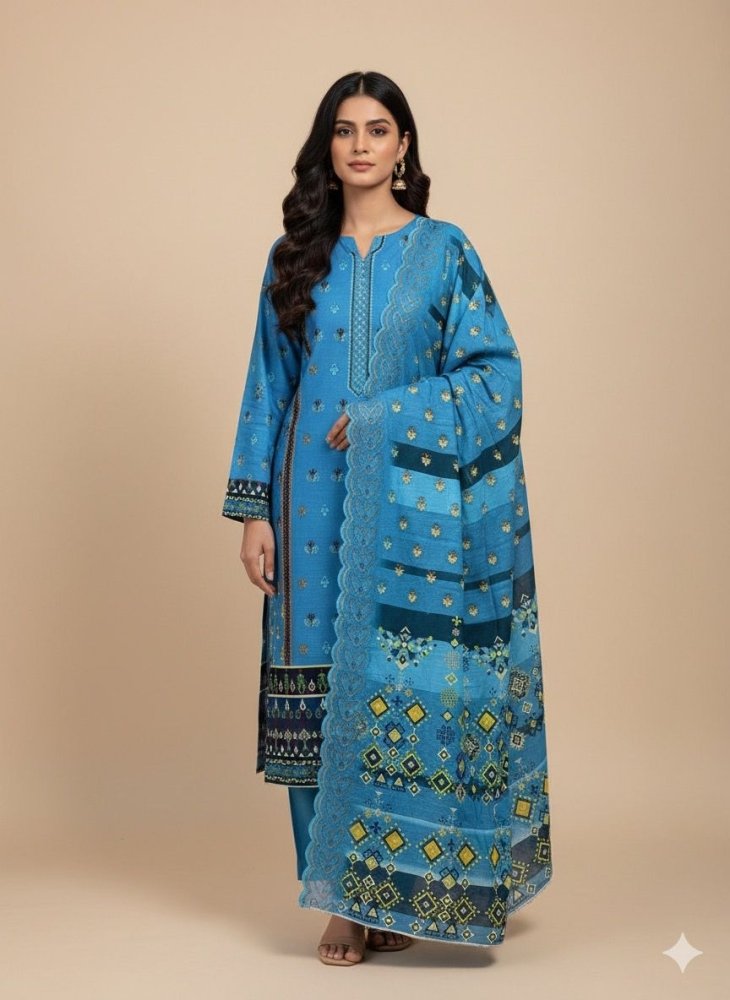 3 PC - Khaddar Embroidered with Cutwork Dupatta - Unstitched - Wareeb.Shop