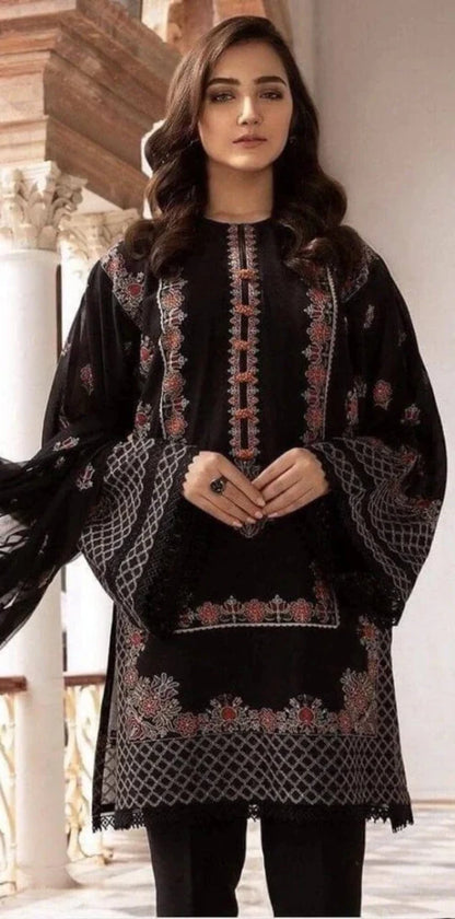 3 Piece Unstitched Heavy Embroidered Lawn Suit With Heavy Embroidered Bamber Chiffon Dupatta - Wareeb.Shop