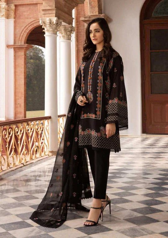 3 Piece Unstitched Heavy Embroidered Lawn Suit With Heavy Embroidered Bamber Chiffon Dupatta - Wareeb.Shop