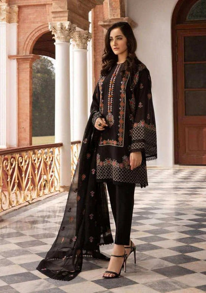 3 Piece Unstitched Heavy Embroidered Lawn Suit With Heavy Embroidered Bamber Chiffon Dupatta - Wareeb.Shop