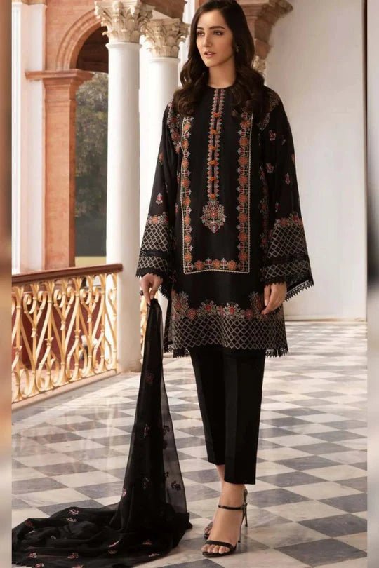 3 Piece Unstitched Heavy Embroidered Lawn Suit With Heavy Embroidered Bamber Chiffon Dupatta - Wareeb.Shop