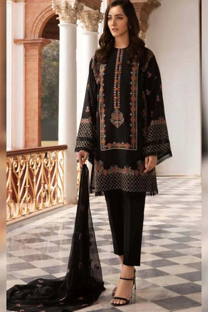 3 Piece Unstitched Heavy Embroidered Lawn Suit With Heavy Embroidered Bamber Chiffon Dupatta - Wareeb.Shop