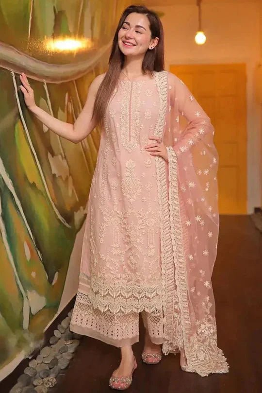 3 Piece Unstitched Heavy Embroidered Pure Lawn Suit with Heavy Embroidered Organza Dupatta - Wareeb.Shop