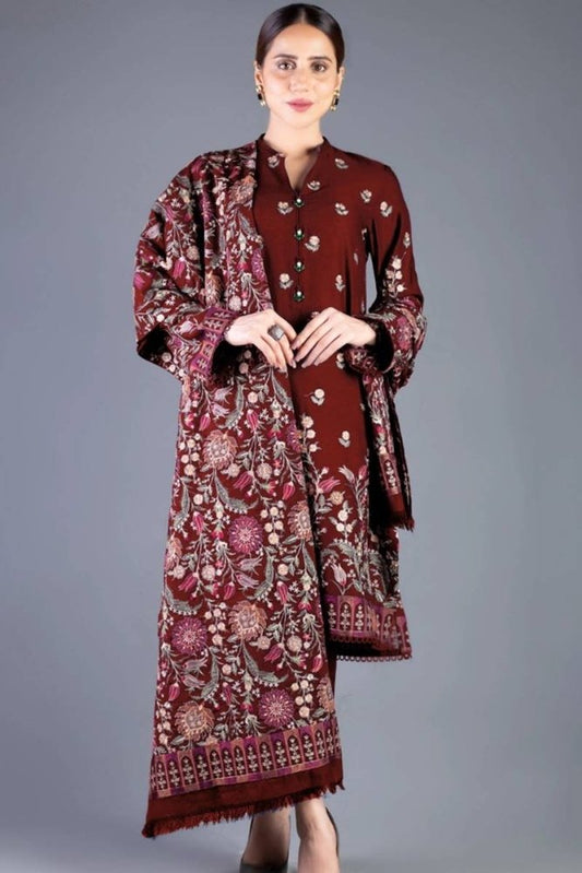 Bareeze Red Embroidered Dhanak Three Piece Winter Collection FCC - 192 - Wareeb.Shop