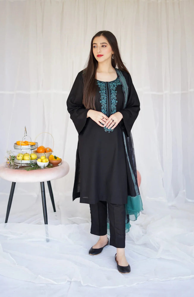 Black Dhanak Embroidered three piece Fcc - 886 - Wareeb.Shop