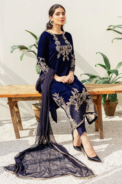Blue Embroidered Velvet Three piece Winter Collection FCC BT - 10 - Wareeb.Shop