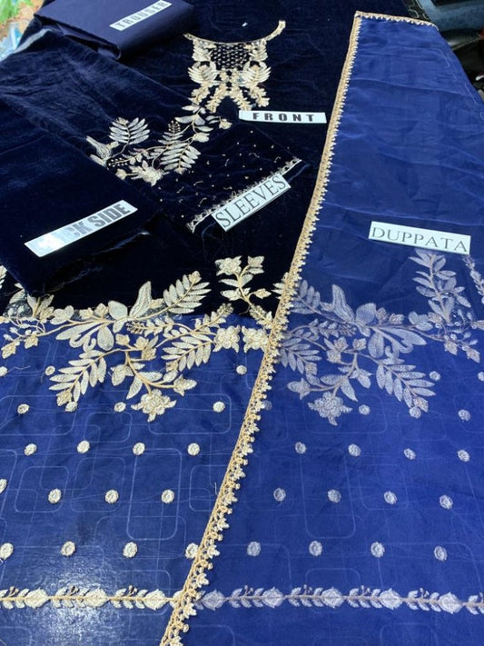 Blue Embroidered Velvet Three piece Winter Collection FCC BT - 10 - Wareeb.Shop