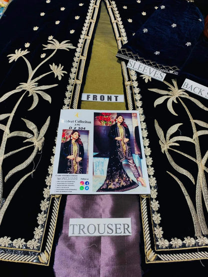 Blue Embroidered Velvet Three piece Winter Collection FCC BT - 11 - Wareeb.Shop