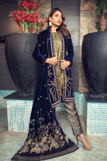 Blue Embroidered Velvet Three piece Winter Collection FCC BT - 11 - Wareeb.Shop