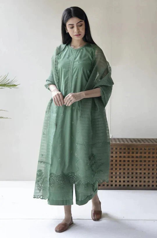 DYOT 3PC Lawn Embroidered Shirt With Organza Embroidered Dupatta - Wareeb.Shop