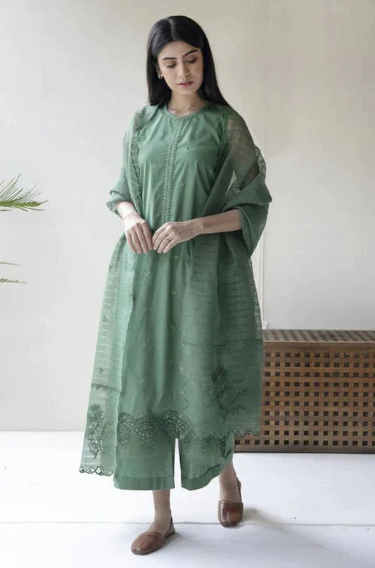 DYOT 3PC Lawn Embroidered Shirt With Organza Embroidered Dupatta - Wareeb.Shop