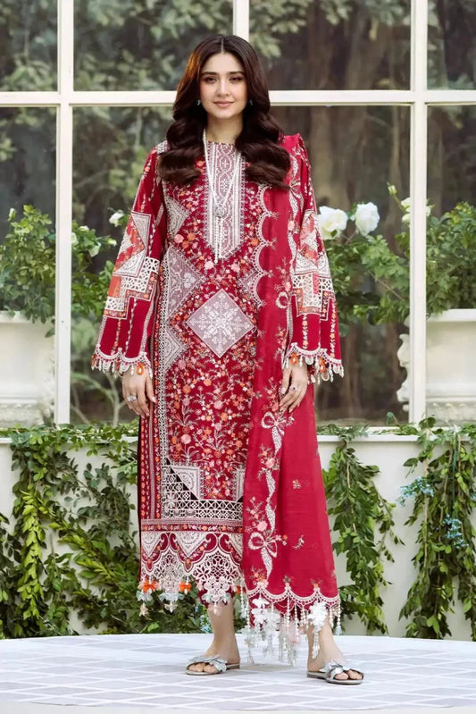 Eid Collection BIN ILYAS Embroidered lawn Three Piece BIL - 06 Red - Wareeb.Shop