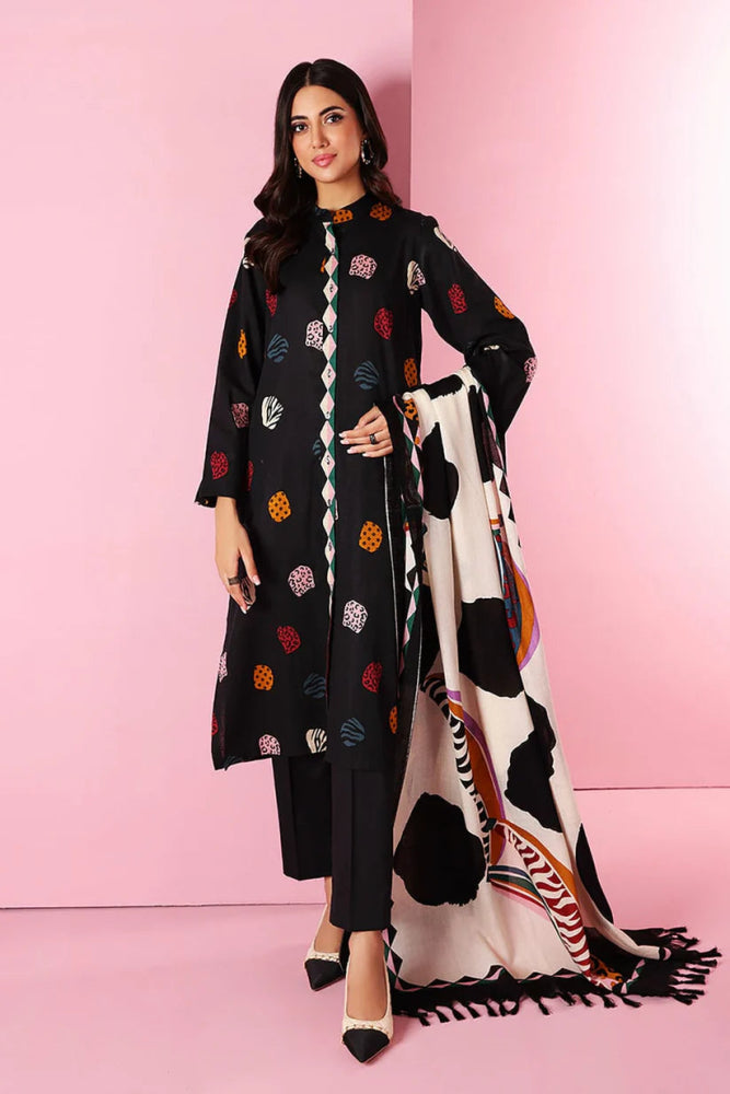 Khaadi Black Dhanak Embroidered three piece With Wool Shawl 18404 - Wareeb.Shop