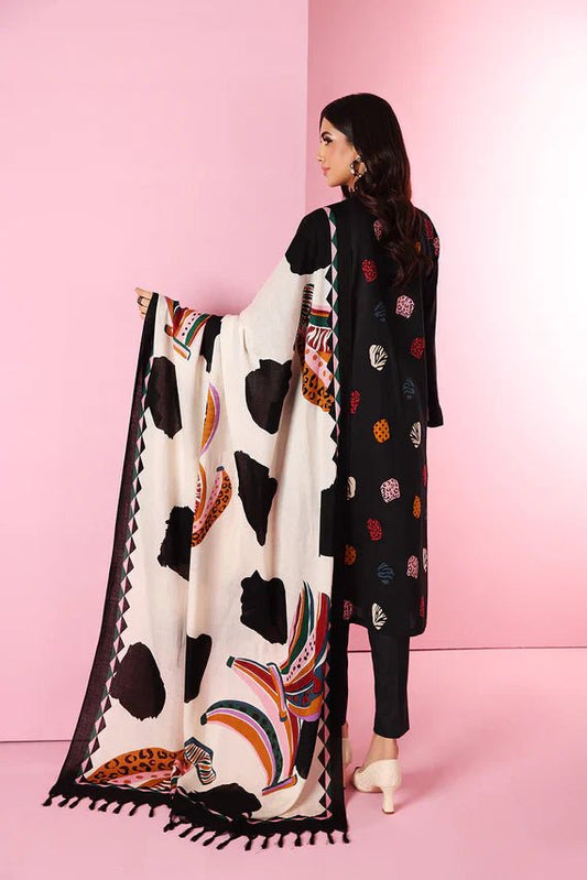 Khaadi Black Dhanak Embroidered three piece With Wool Shawl 18404 - Wareeb.Shop