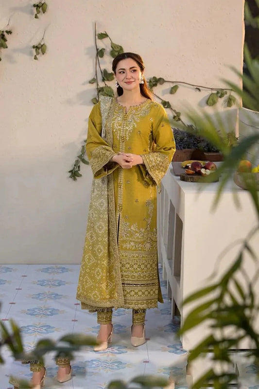 Laam Embroidered Dhanak Three Piece Lemon laam - 44 - Wareeb.Shop