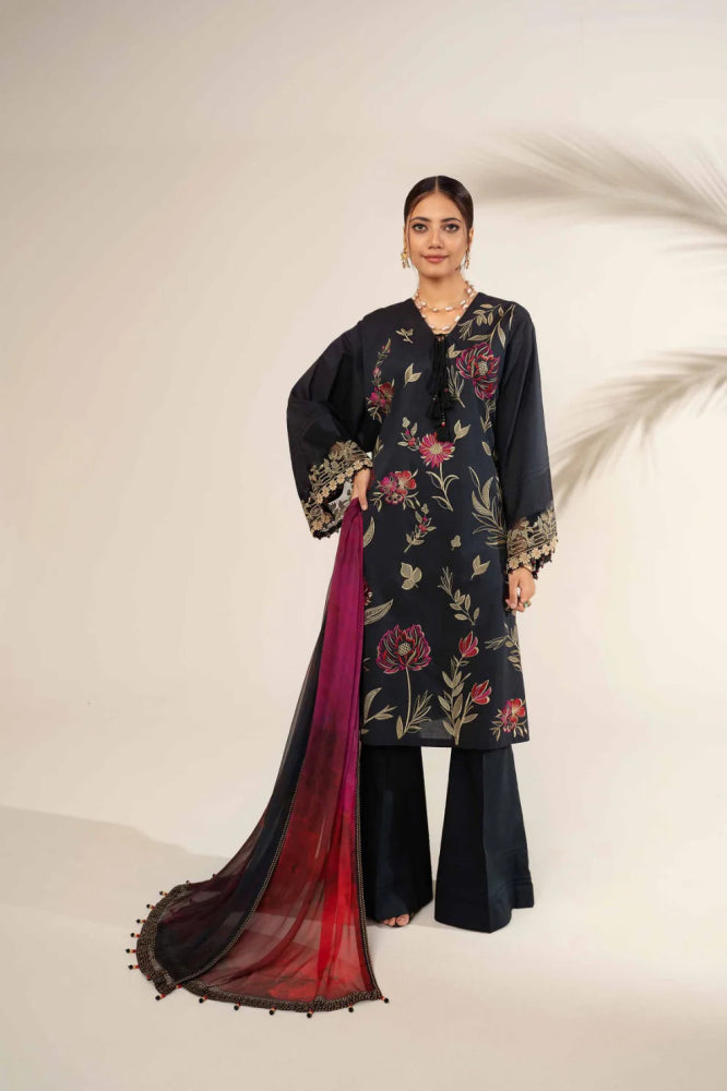 Maria B Embroidered Dhanak Three Piece MB - 844 Black - Wareeb.Shop