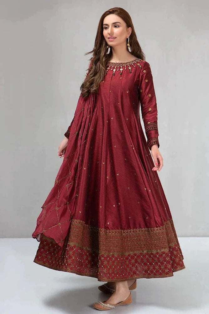 Maria B Unstiched 3 piece kataan silk frock style embroidered suit - Wareeb.Shop