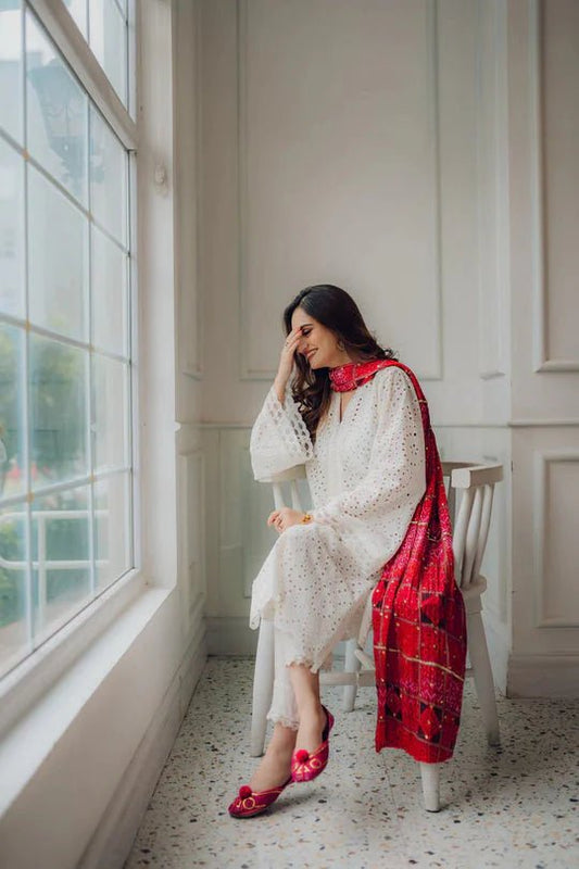 Maria.B 3Pc Chikenkari Embroidered With Printed Lawn Dupatta - Wareeb.Shop