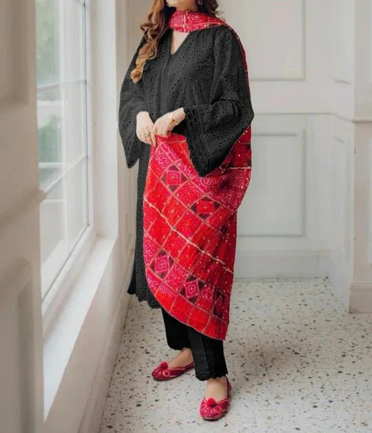 Maria.B - 3Pc Chikenkari Embroidered With Printed Lawn Dupatta - Wareeb.Shop