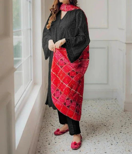 Maria.B - 3Pc Chikenkari Embroidered With Printed Lawn Dupatta - Wareeb.Shop