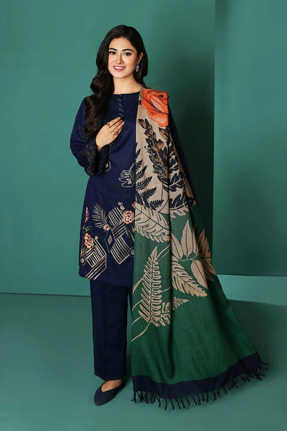 Nishat 539 Blue Dhanak Embroidered three piece With silk Woolen Shawl - Wareeb.Shop