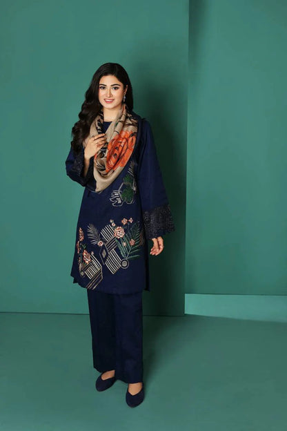 Nishat 539 Blue Dhanak Embroidered three piece With silk Woolen Shawl - Wareeb.Shop