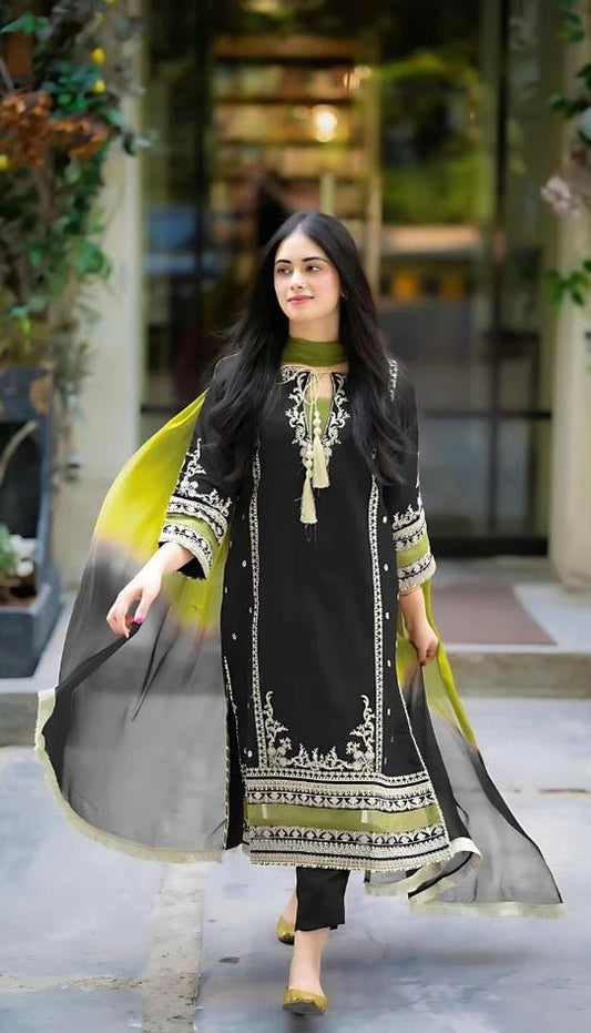 OMAL Black - 3PC LAWN EMBROIDERED Suite With Bamber Dupatta - Wareeb.Shop
