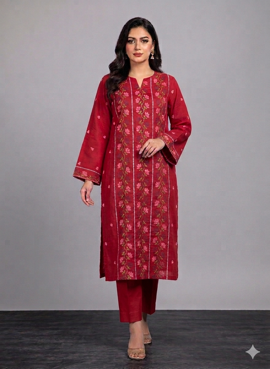 Vibrant Red - Traditional Cross-Stitch & Sindhi Embroidered 90/70 Lawn 2PC