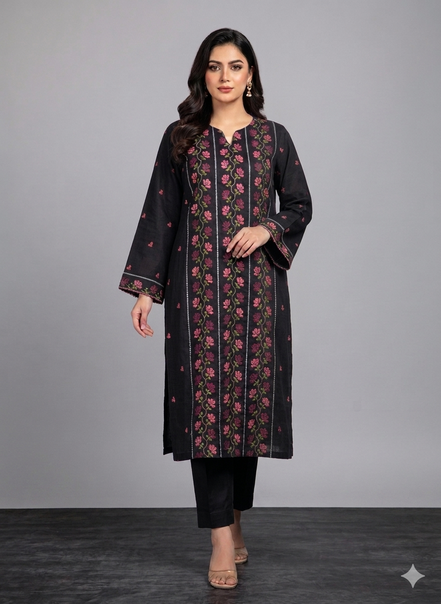 Jet Black – Traditional Cross-Stitch & Sindhi Embroidered 90/70 Lawn 2PC