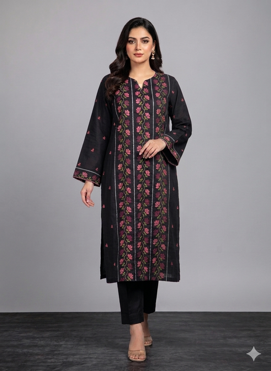 Jet Black – Traditional Cross-Stitch & Sindhi Embroidered 90/70 Lawn 2PC