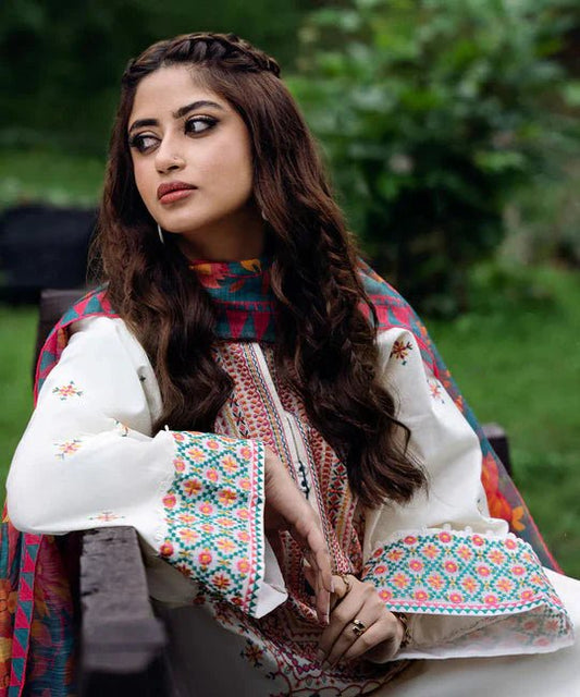 Sapphire - 3 PC Unstitched Lawn Embroidered Shirt with Printed Lawn Dupatta - Wareeb.Shop